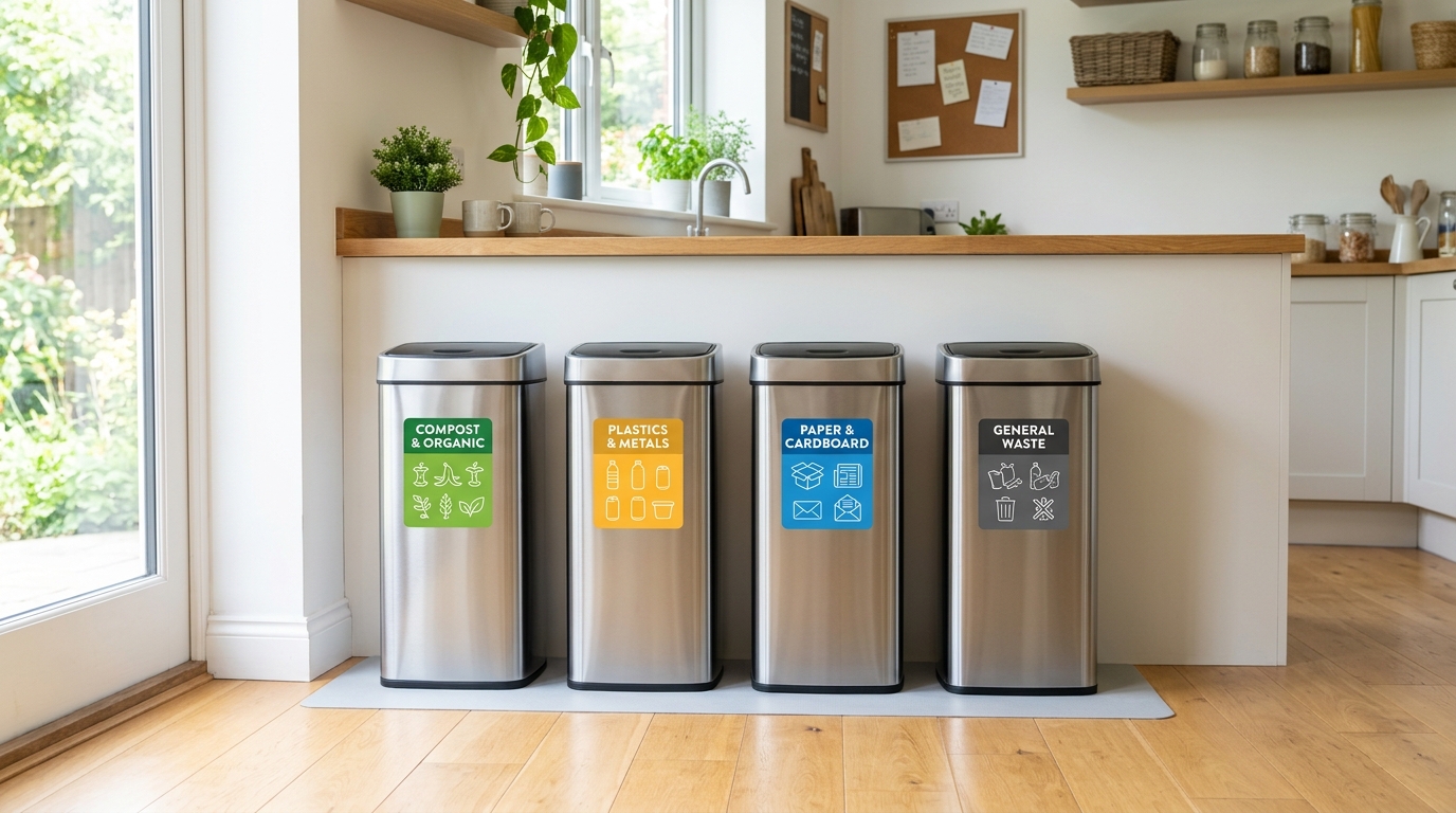 Waste bins with WasteLens sorting sticker labels